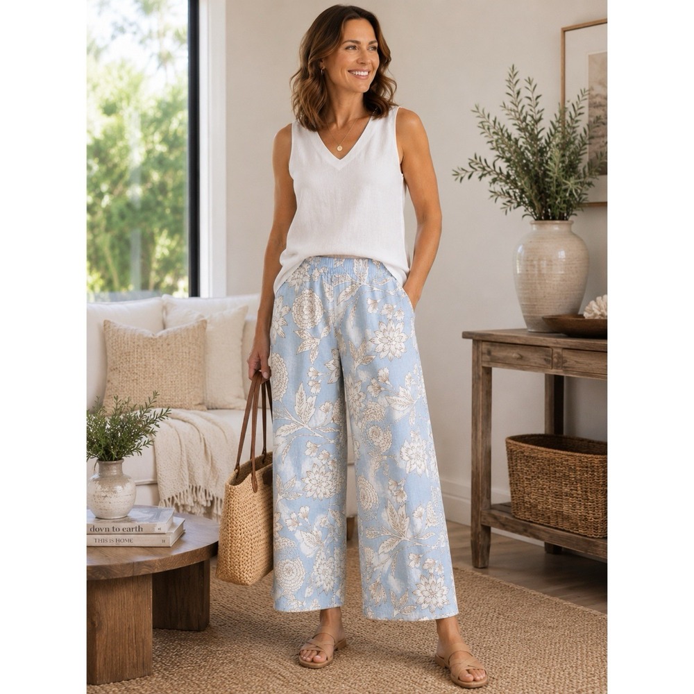 Joie Size Small Blue White Floral 100% Linen Wide Leg Pants Pockets